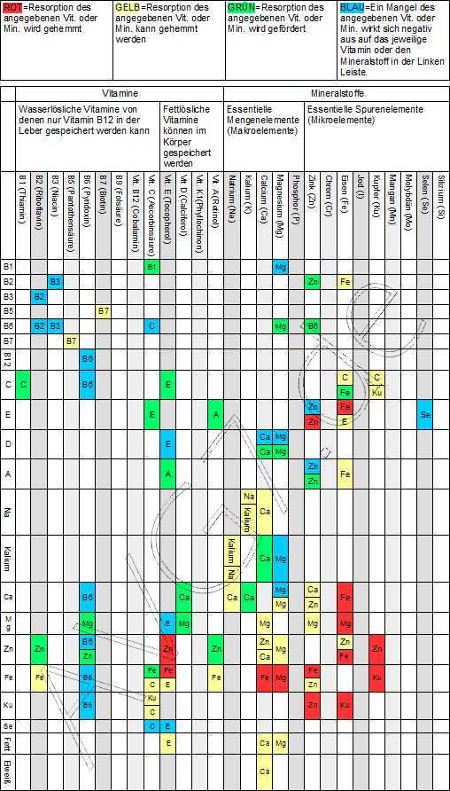 Wechselwirkungen, Aufnahme fördern, Resorption, Überschuss, Mangel, Nahrungsergänzungsmittel, Supplemente, gleichzeitige Einnahme, Vitamine, Mineralstoffe, B1 (Thiamin), B2, B3, B5, B6, B7 (Biotin), C, D, E, K, A, Natrium (Salz), Calzium, Magnesium